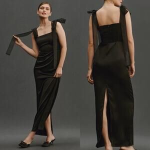 REFORMATION Kacia Black Satin Sheer Organza Bow Tie Straps Maxi Dress US 10 NWT